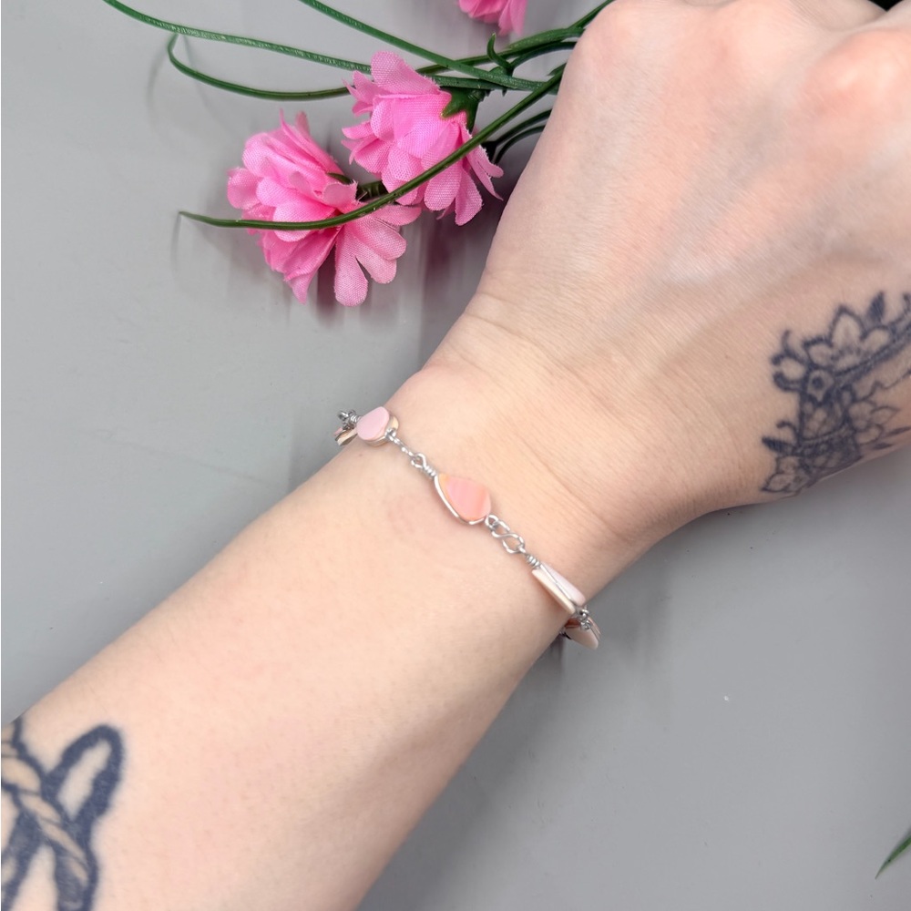 Delicate Pink Stone Handmade Sterling Silver Plated Wire Wrap Link Bracelet